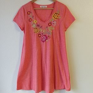 Harlow & Rose A-Line Pink Embroidered V-Neck Floral Dress Soft Comfortable